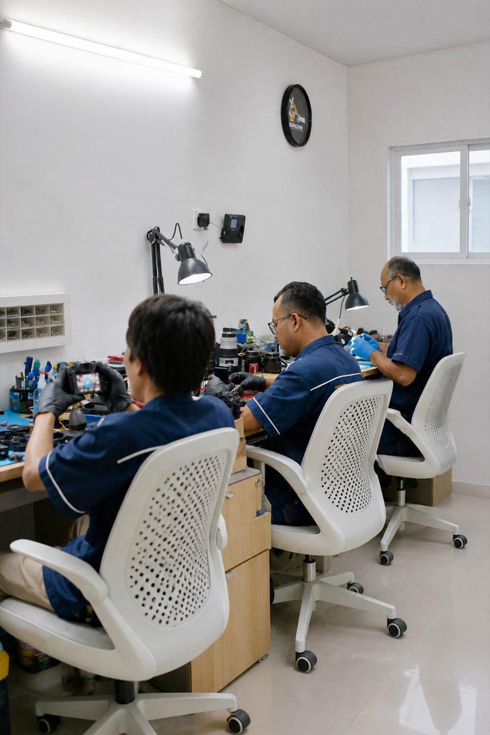 Tiga teknisi YES Camera mengerjakan kamera dan lensa di meja kerja workshop
